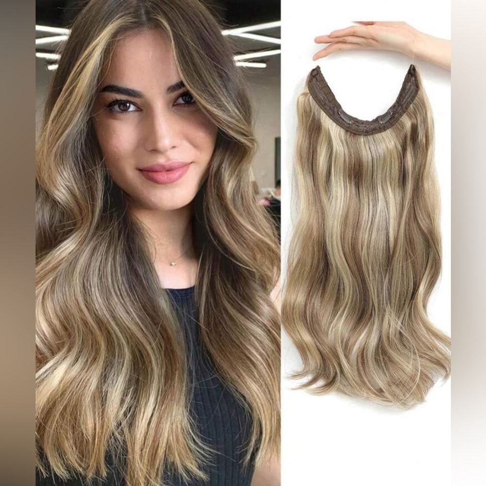 18” Halo Clip-In Hair Extension Brown & Blonde Highlights Balayage